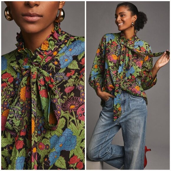 💕MILLE RESORT & TRAVEL ANTHROPOLOGIE💕 Blair Blouse ~ Tie Neck Green Motif XS - Picture 1 of 14